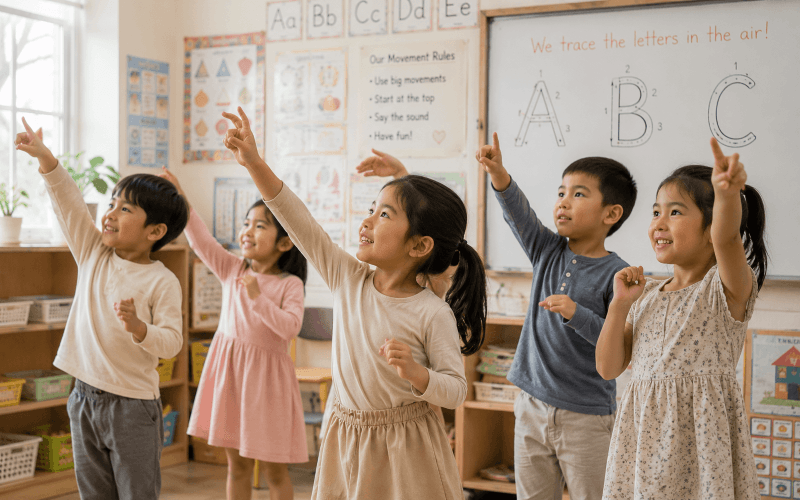 Young children tracing large letter shapes in the air during a whole-body movement game