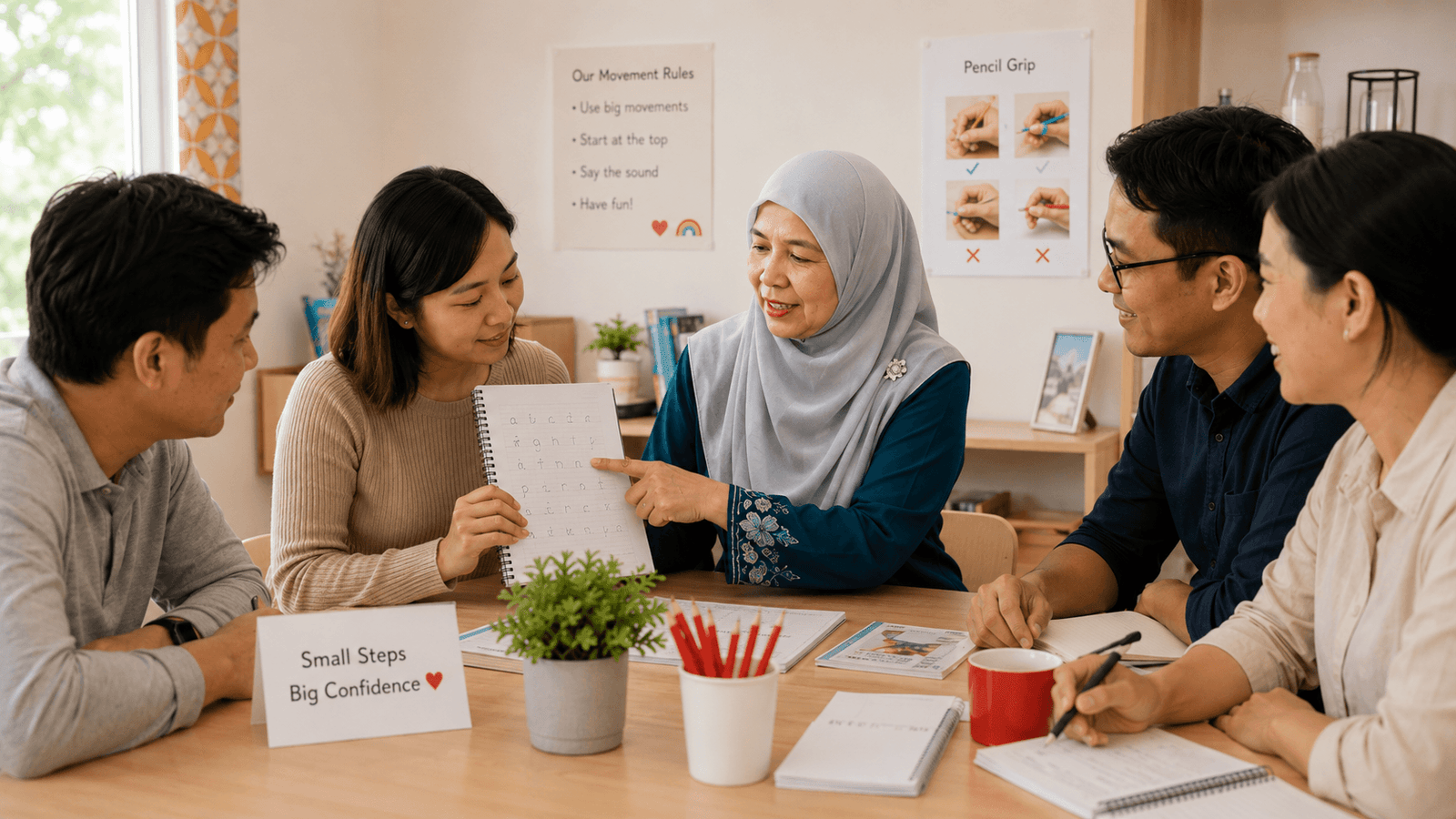 Parents practising pencil-grip coaching on each other at a workshop table