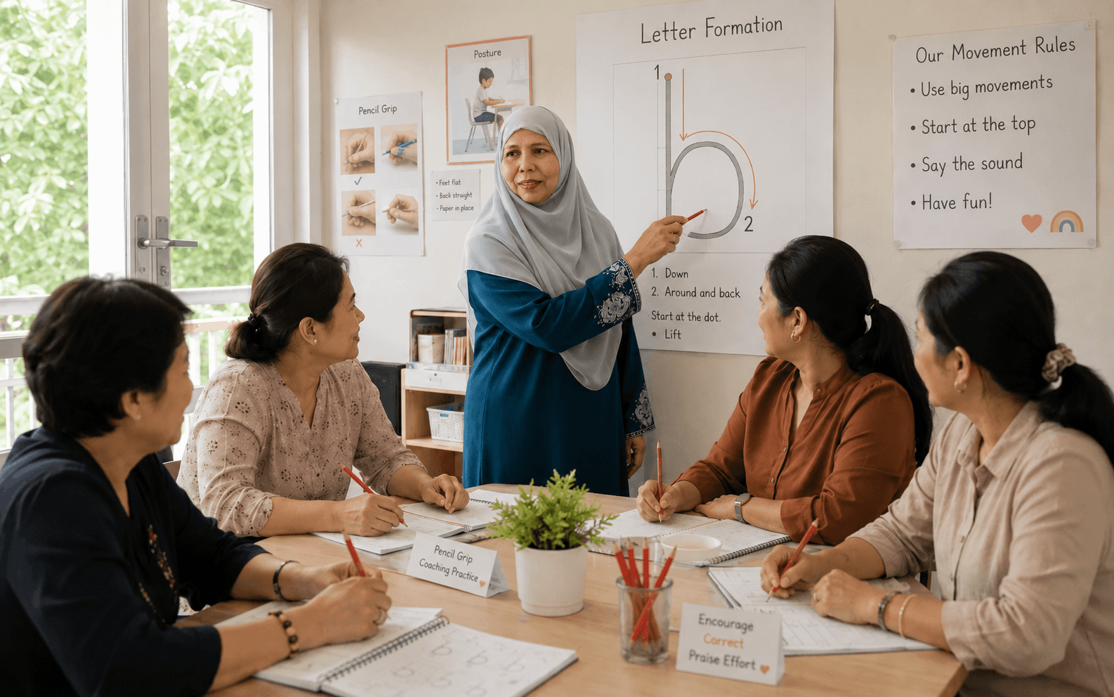 Teacher Jameela leading a hands-on handwriting-coaching session for preschool teachers